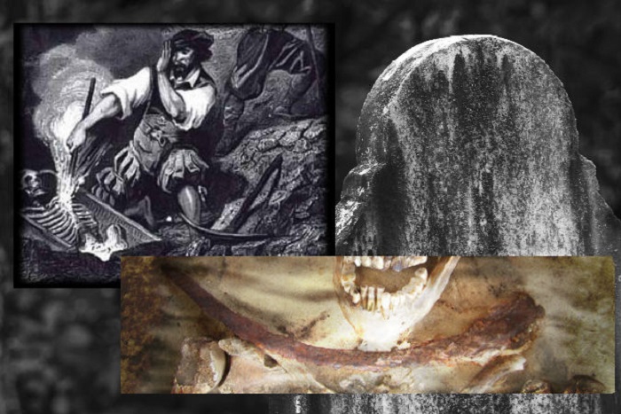 Collage. A sinistra: 'Il vampiro', litografia di R. de Moraine, 1864 (Wikimedia Commons). A destra: i resti di una donna di 30-39 anni con una falce posta sul collo (Lesley A. Gregoricka/Epoch Times). Sullo sfondo, una foto d'archivio di una pietra tombale (La Corivo/iStock/Thinkstock).